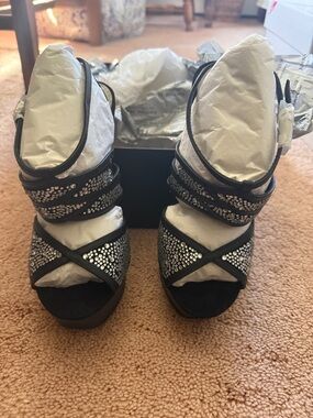 Adrienne Maloof Black Platform Sandals with Silver Stud Accents